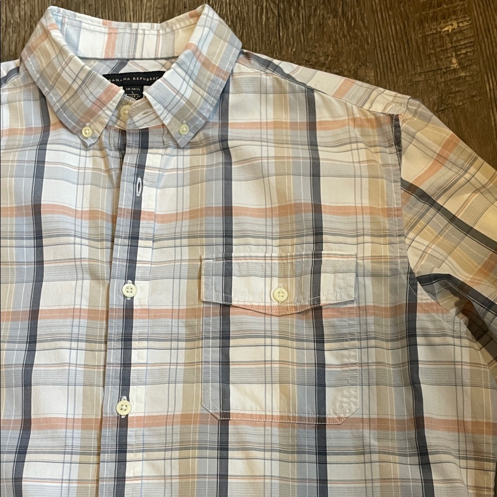 Banana Republic Men's Size Large Blue, Tan & White Plaid Button-Down Shirt - Picture 4 of 11